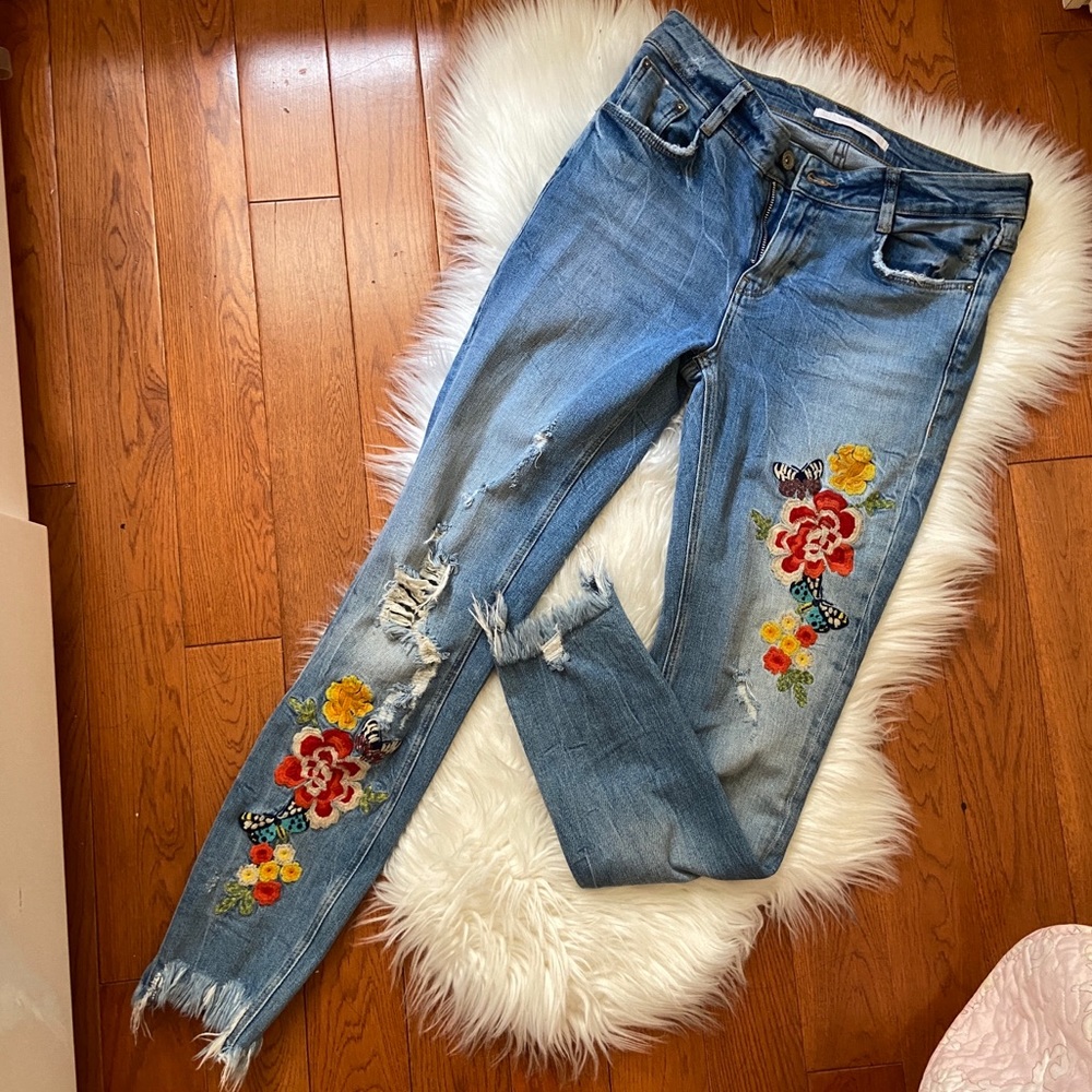 Embroidered Floral Blue Jeans